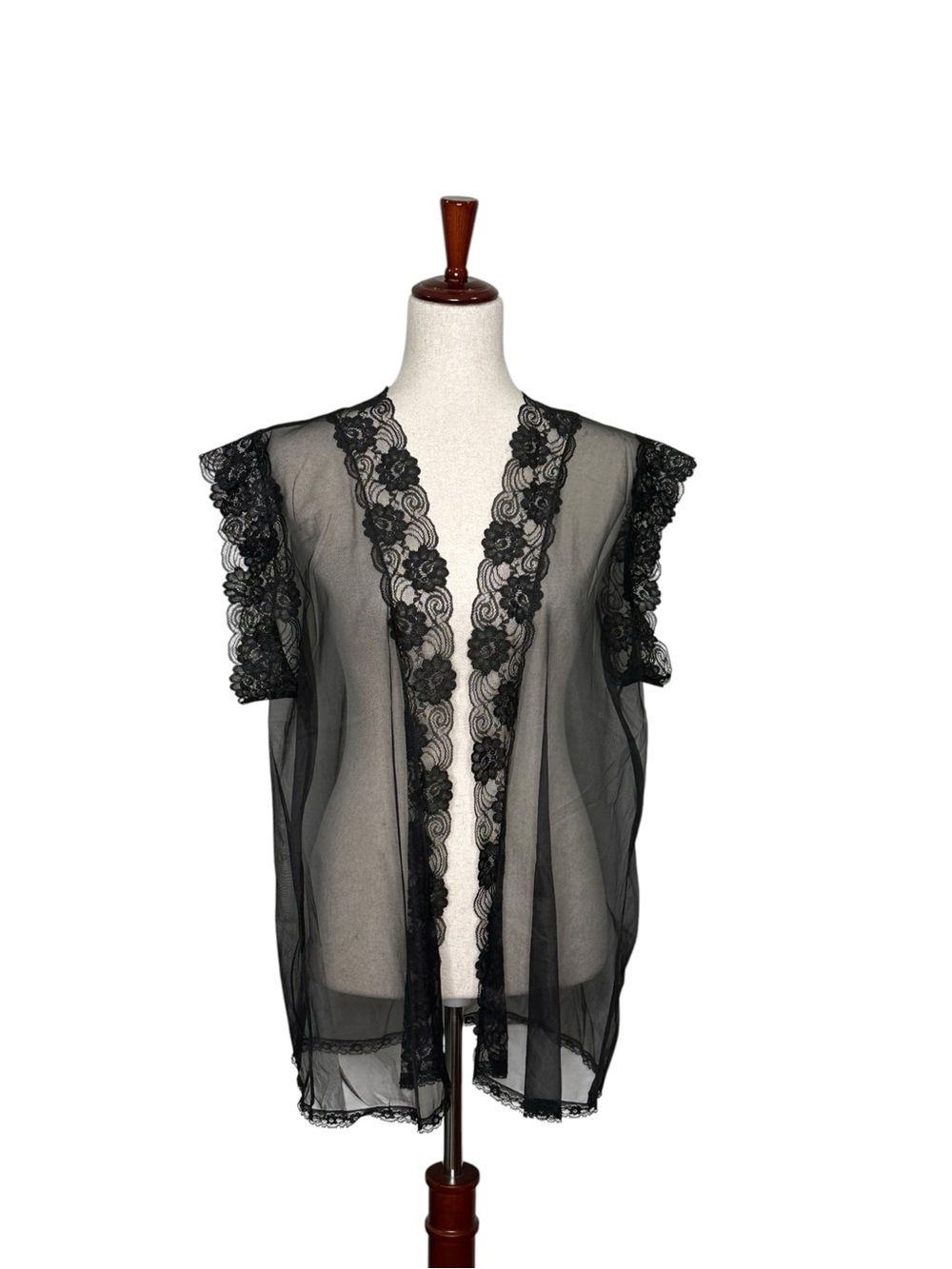 Vintage Black Lace Trim Chiffon Sheer Kimono Robe Intimates. Cottage. Whimsygoth